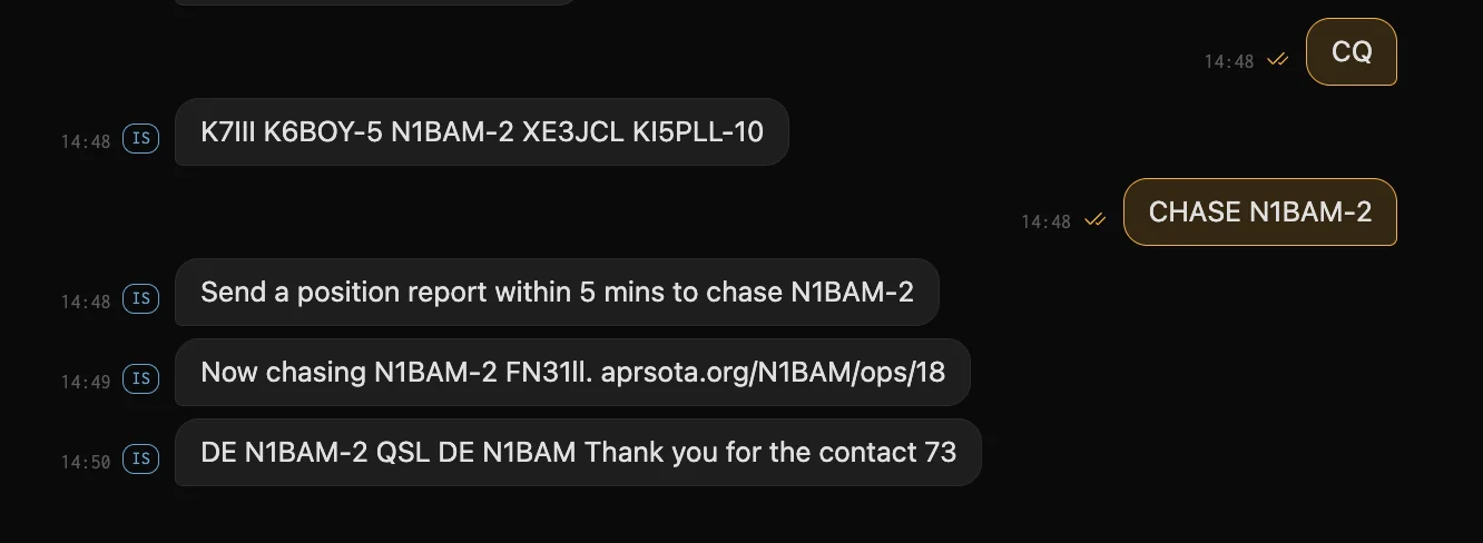 My side of that QSO, in graywolf's messaging client. CQ asks for the active list, CHASE N1BAM-2 claims the contact, and N1BAM's QSL comes back.